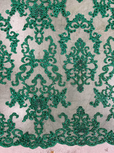Helena-B HUNTER GREEN Embroidered Damask Pattern with Faux Pearls and Beads on Mesh Lace Fabric by the Yard - 10225