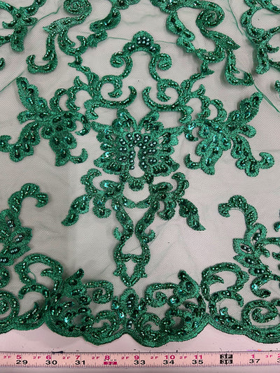 Helena-B HUNTER GREEN Embroidered Damask Pattern with Faux Pearls and Beads on Mesh Lace Fabric by the Yard - 10225