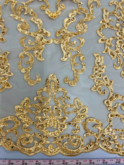 Helena-B GOLD Embroidered Damask Pattern with Faux Pearls and Beads on Mesh Lace Fabric by the Yard - 10225