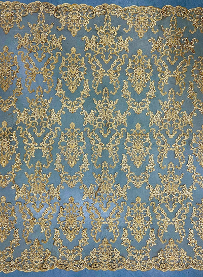 Helena-B GOLD Embroidered Damask Pattern with Faux Pearls and Beads on Mesh Lace Fabric by the Yard - 10225