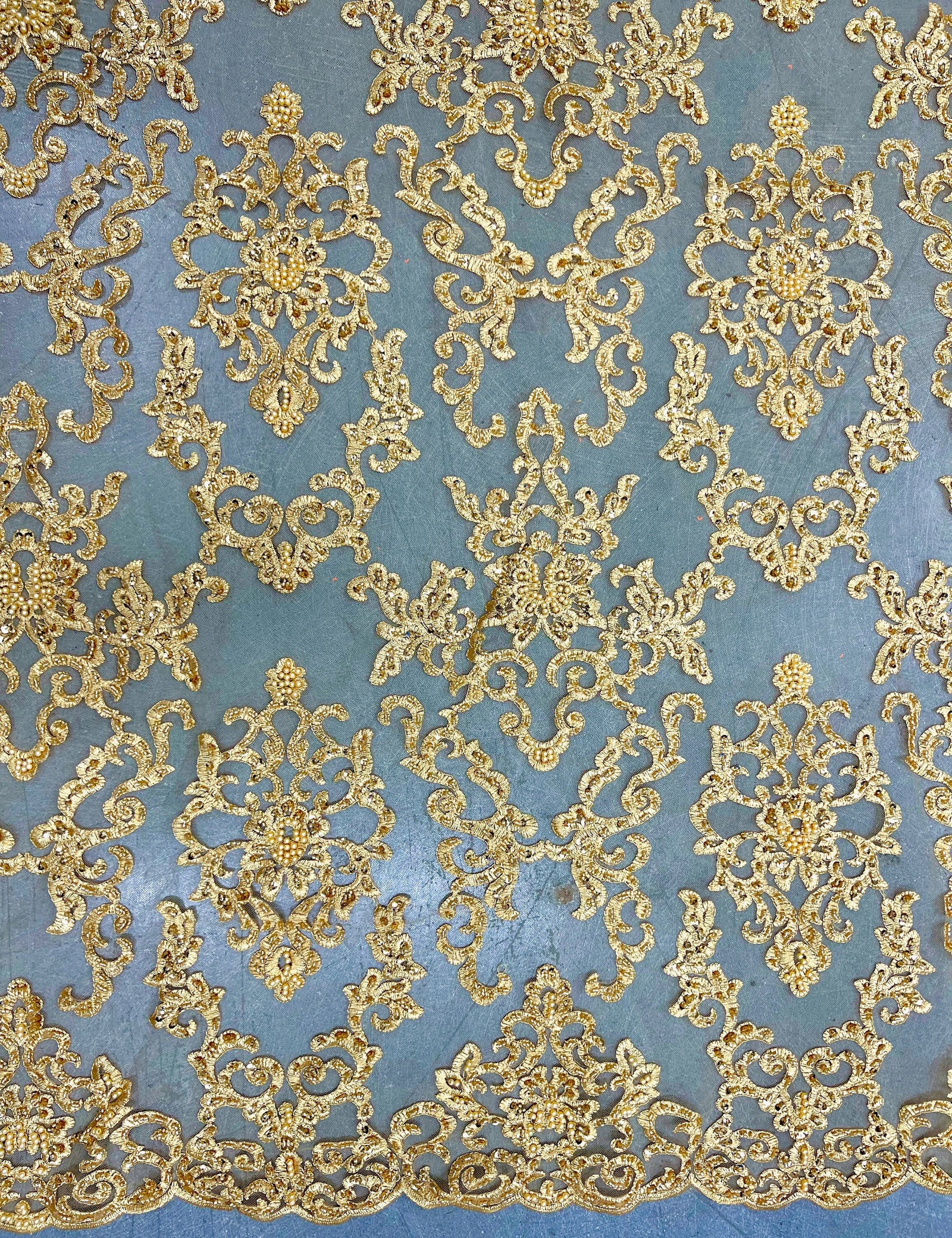Helena-B GOLD Embroidered Damask Pattern with Faux Pearls and Beads on Mesh Lace Fabric by the Yard - 10225