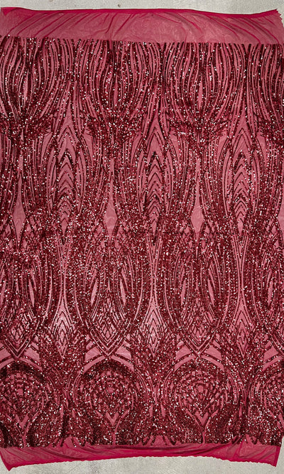 Athena BURGUNDY Sequins on Mesh Lace Fabric by the Yard