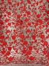 Nina RED Polyester 3D Floral Embroidery on Mesh Lace Fabric by the Yard - 10032