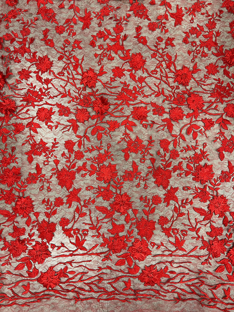 Nina RED Polyester 3D Floral Embroidery on Mesh Lace Fabric by the Yard - 10032