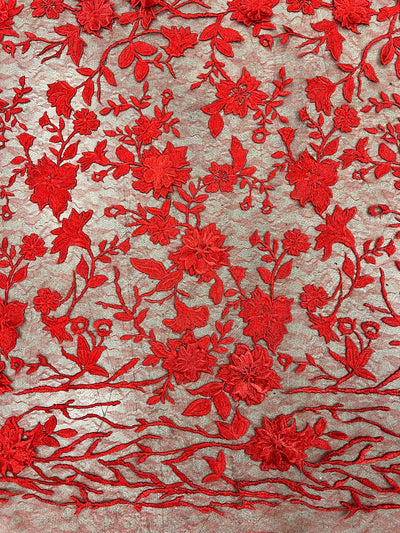 Nina RED Polyester 3D Floral Embroidery on Mesh Lace Fabric by the Yard - 10032