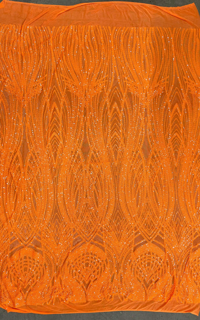 Athena ORANGE Sequins on Mesh Lace Fabric by the Yard
