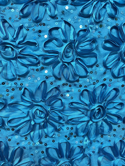 Allie TURQUOISE 3D Floral Polyester Satin Rosette with Sequins Fabric by the Yard - 10051