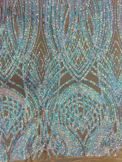 Athena Iridescent WHITE BLUE Sequins on Light NUDE Mesh Lace Fabric by the Yard