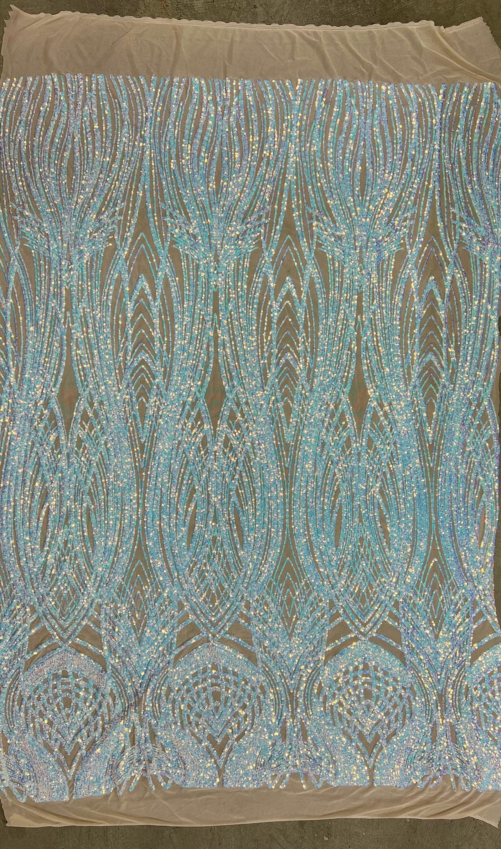 Athena Iridescent WHITE BLUE Sequins on Light NUDE Mesh Lace Fabric by the Yard