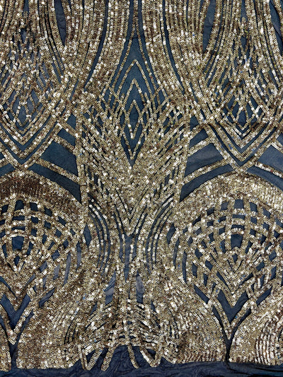 Athena GOLD Sequins on BLACK Mesh Lace Fabric by the Yard