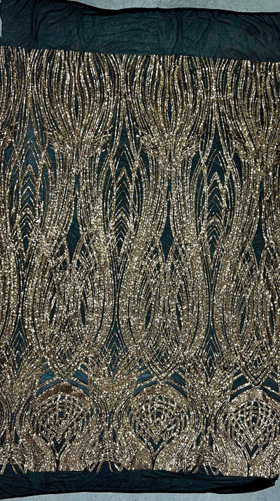 Athena GOLD Sequins on BLACK Mesh Lace Fabric by the Yard