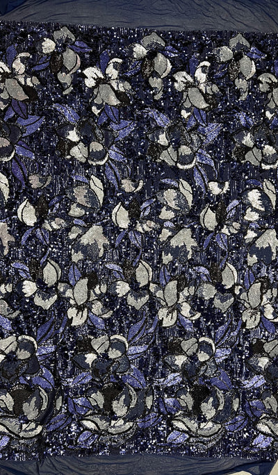 Natasha NAVY/SILVER Full Overlapping Sequins on Stretch Mesh Lace Fabric by the Yard
