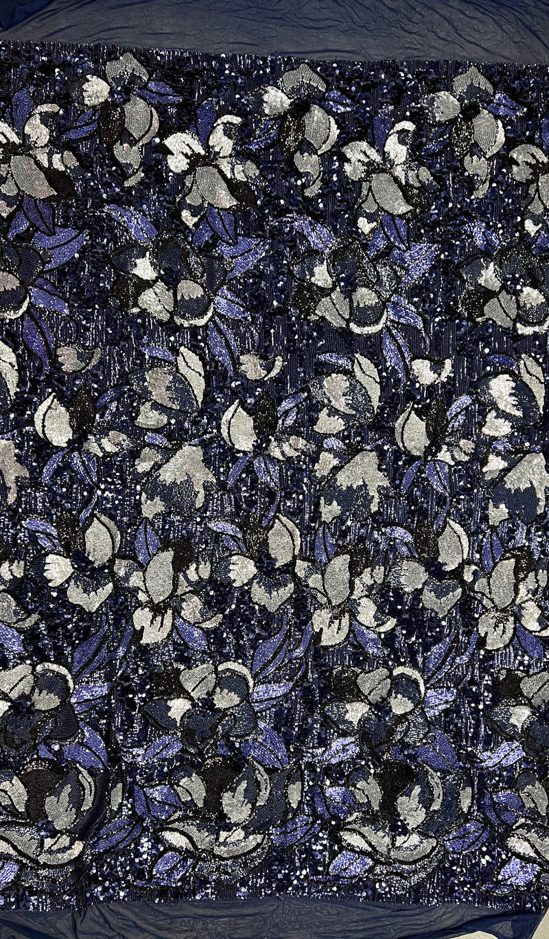 Natasha NAVY/SILVER Full Overlapping Sequins on Stretch Mesh Lace Fabric by the Yard