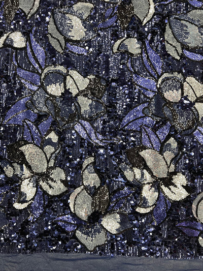 Natasha NAVY/SILVER Full Overlapping Sequins on Stretch Mesh Lace Fabric by the Yard