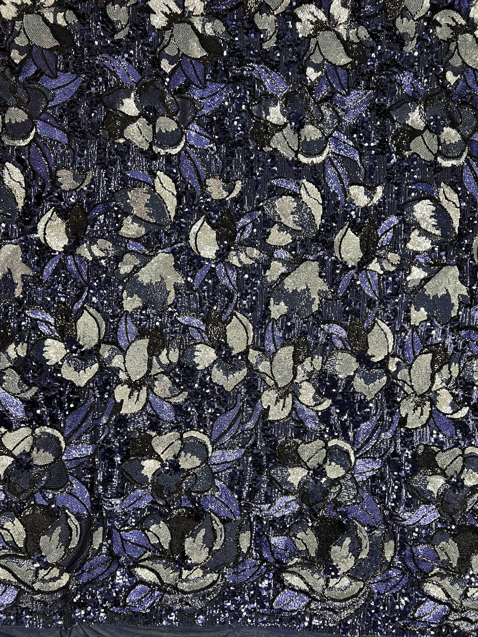 Natasha NAVY/SILVER Full Overlapping Sequins on Stretch Mesh Lace Fabric by the Yard