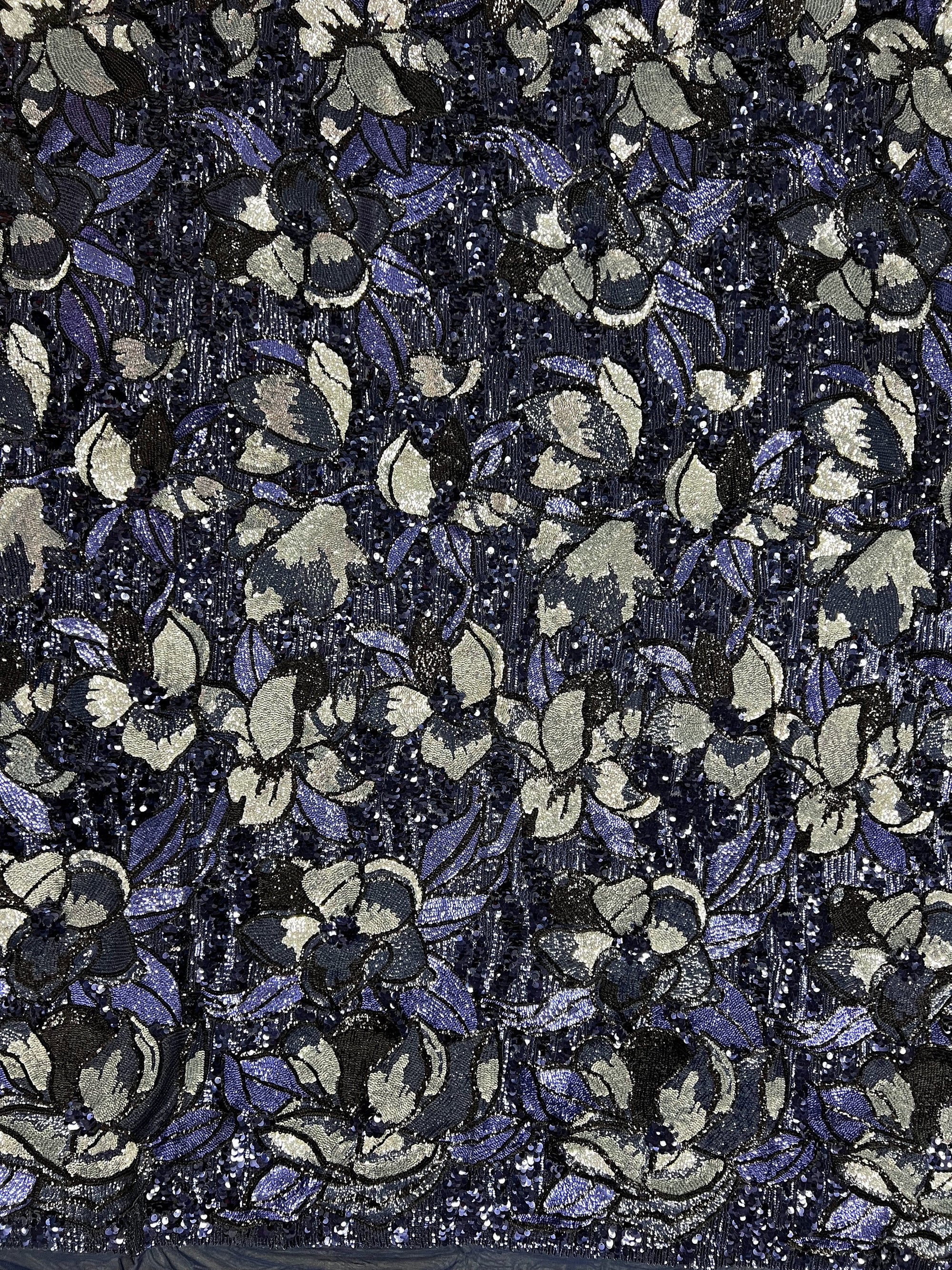 Natasha NAVY/SILVER Full Overlapping Sequins on Stretch Mesh Lace Fabric by the Yard