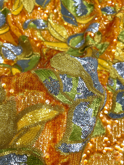 Natasha GOLD/ORANGE Full Overlapping Sequins on Stretch Mesh Lace Fabric by the Yard