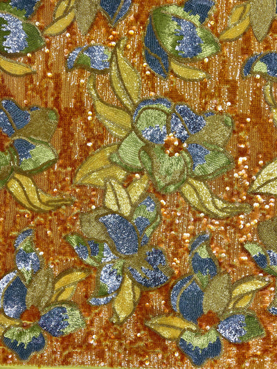 Natasha GOLD/ORANGE Full Overlapping Sequins on Stretch Mesh Lace Fabric by the Yard