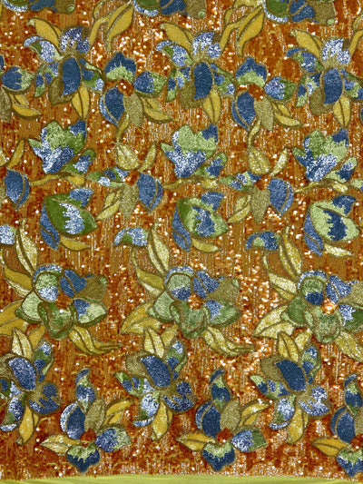 Natasha GOLD/ORANGE Full Overlapping Sequins on Stretch Mesh Lace Fabric by the Yard