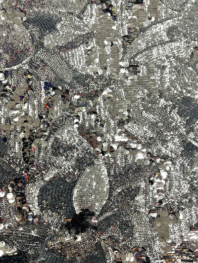 Natasha SILVER Full Overlapping Sequins on BLACK Stretch Mesh Lace Fabric by the Yard