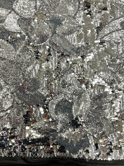 Natasha SILVER Full Overlapping Sequins on BLACK Stretch Mesh Lace Fabric by the Yard