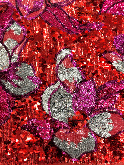Natasha RED FUCHSIA SILVER Coral Full Overlapping Sequins on Red Stretch Mesh Lace Fabric by the Yard