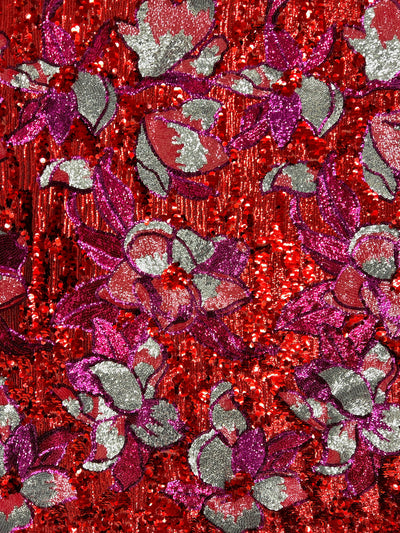 Natasha RED FUCHSIA SILVER Coral Full Overlapping Sequins on Red Stretch Mesh Lace Fabric by the Yard