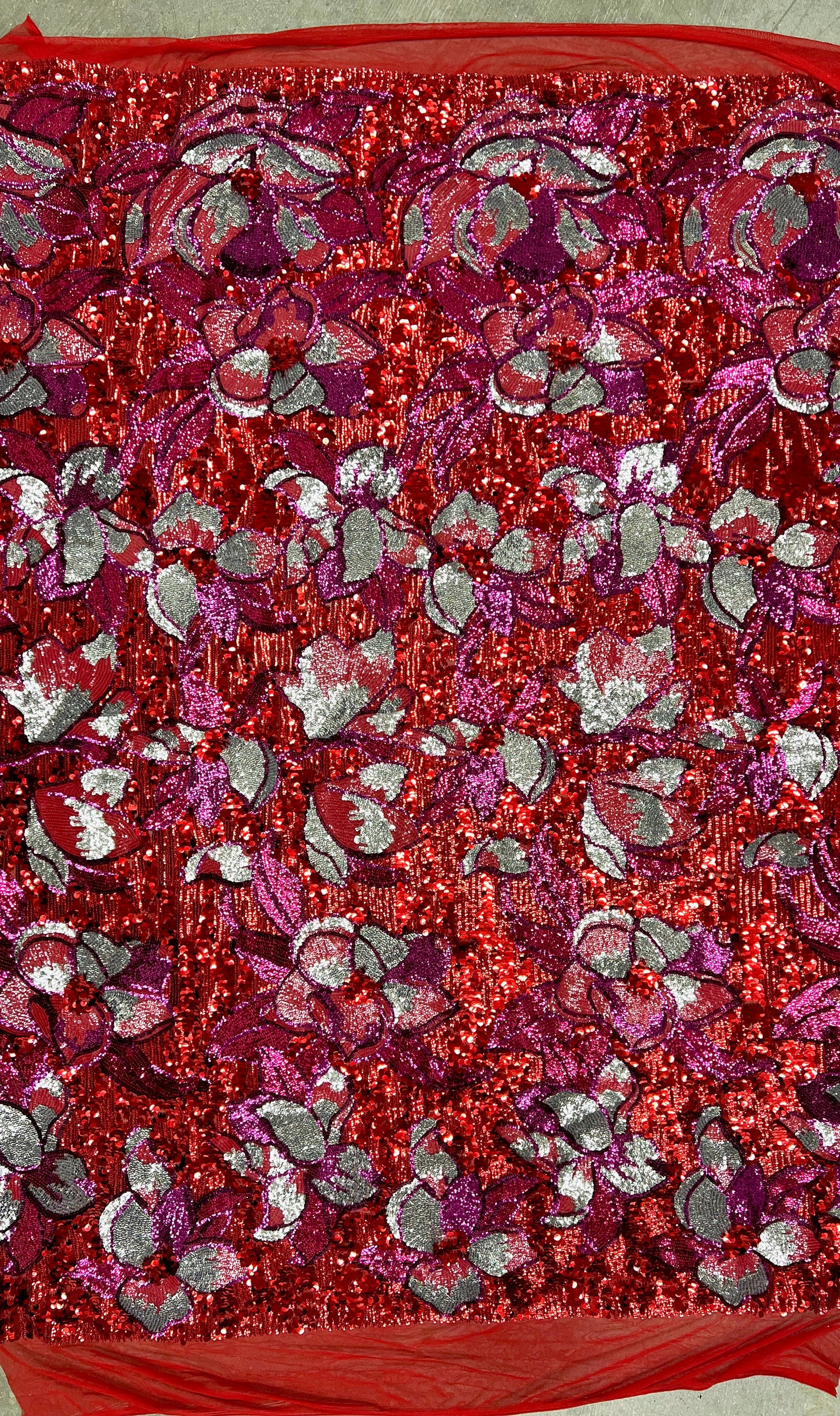 Natasha RED FUCHSIA SILVER Coral Full Overlapping Sequins on Red Stretch Mesh Lace Fabric by the Yard