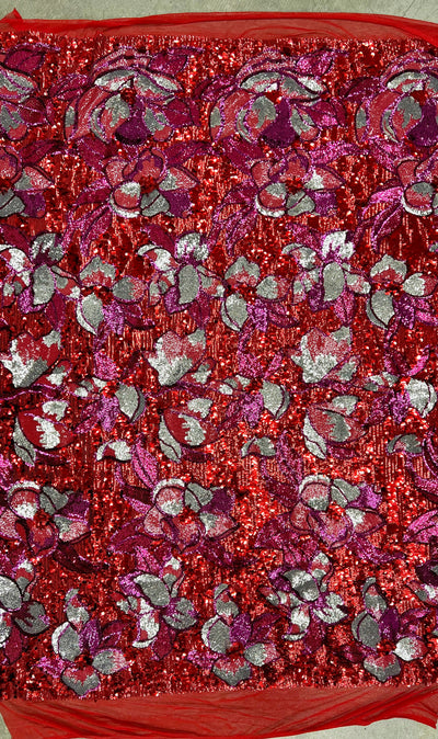 Natasha RED FUCHSIA SILVER Coral Full Overlapping Sequins on Red Stretch Mesh Lace Fabric by the Yard