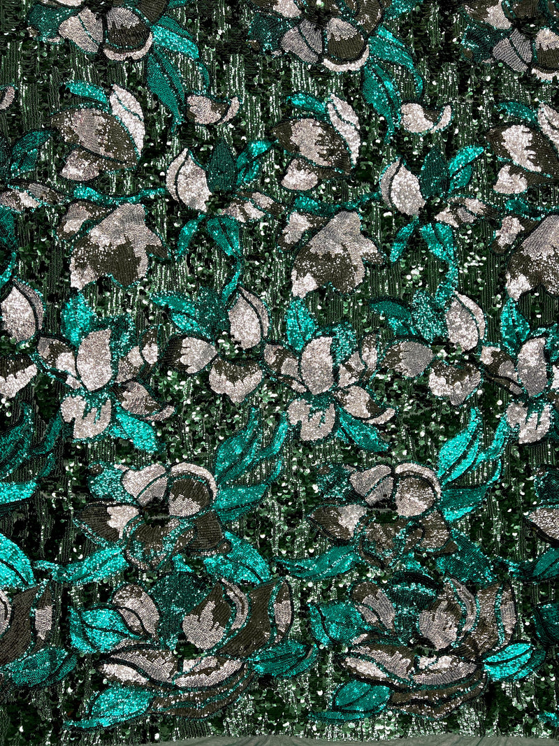 Natasha HUNTER TEAL SILVER Full Overlapping Sequins on Hunter Green Stretch Mesh Lace Fabric by the Yard