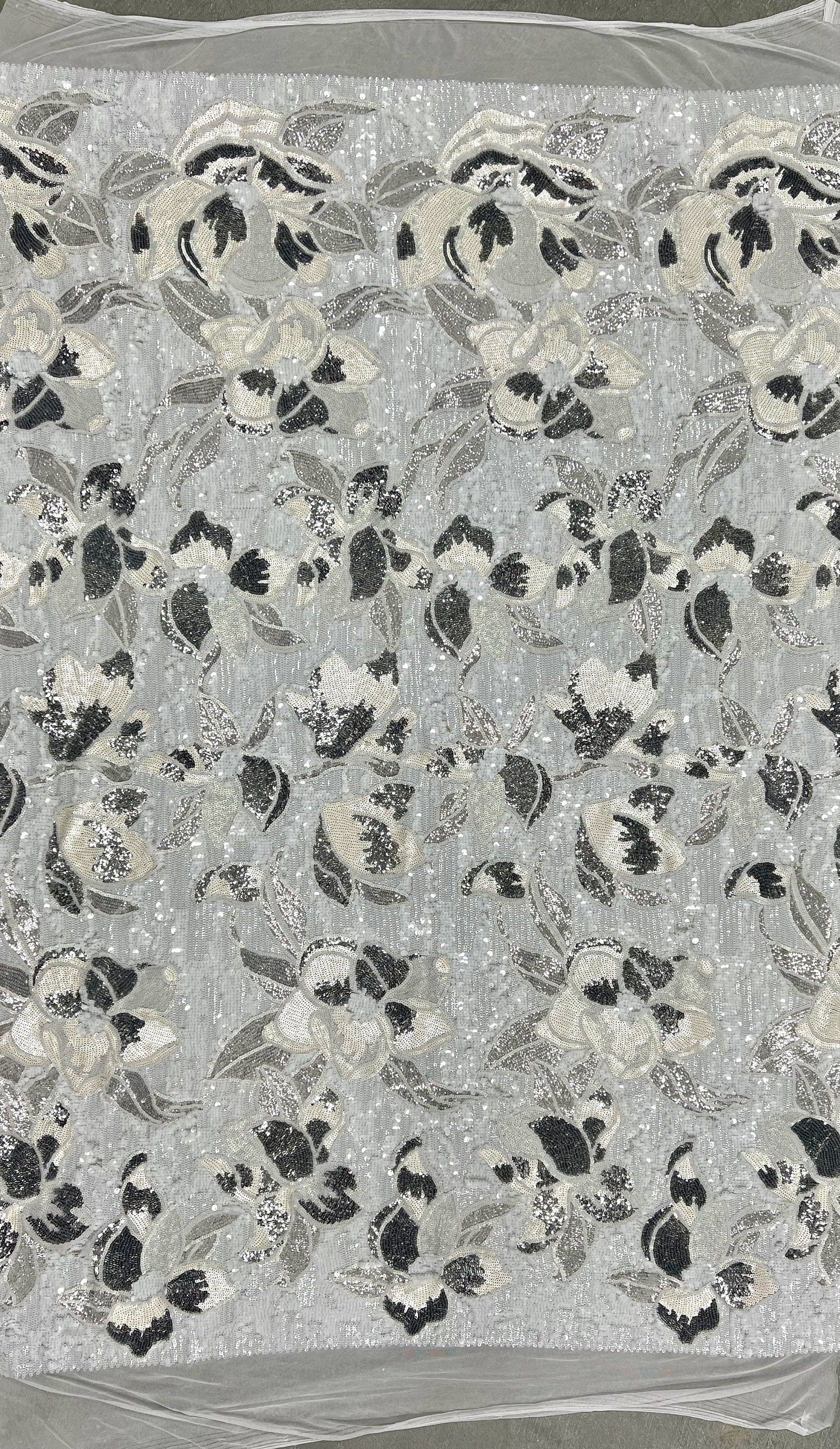 Natasha WHITE IVORY SILVER Full Overlapping Sequins on White Stretch Mesh Lace Fabric by the Yard