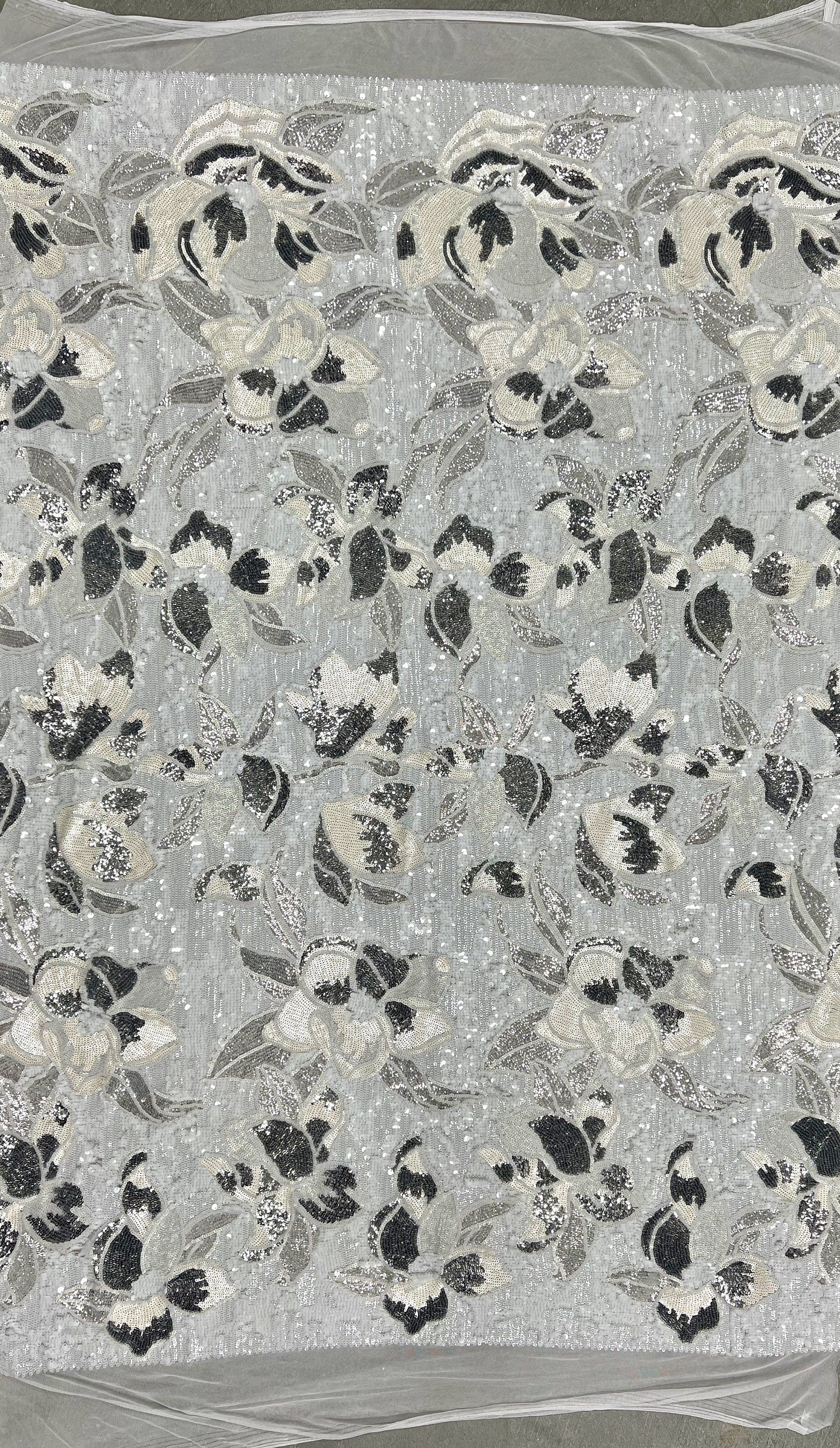 Natasha WHITE IVORY SILVER Full Overlapping Sequins on White Stretch Mesh Lace Fabric by the Yard