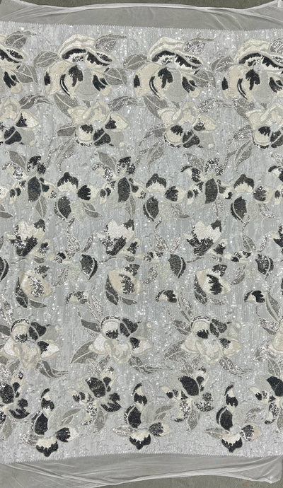 Natasha WHITE IVORY SILVER Full Overlapping Sequins on White Stretch Mesh Lace Fabric by the Yard