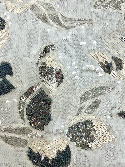 Natasha WHITE IVORY SILVER Full Overlapping Sequins on White Stretch Mesh Lace Fabric by the Yard