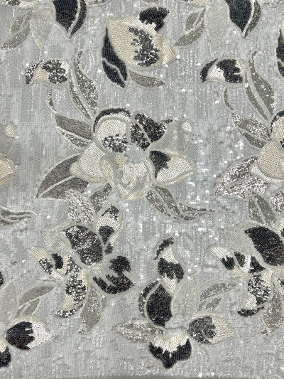 Natasha WHITE IVORY SILVER Full Overlapping Sequins on White Stretch Mesh Lace Fabric by the Yard