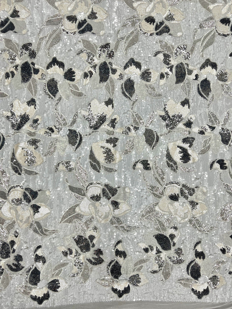 Natasha WHITE IVORY SILVER Full Overlapping Sequins on White Stretch Mesh Lace Fabric by the Yard