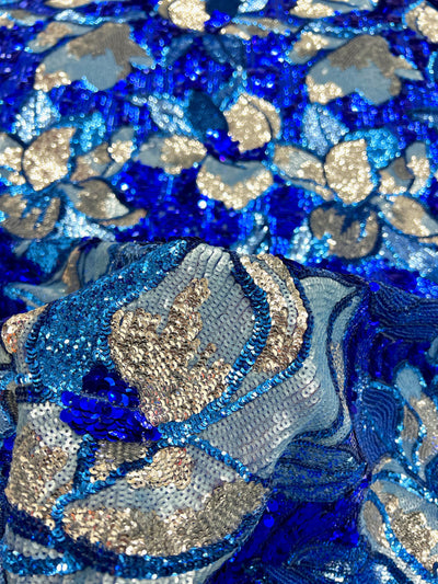 Natasha ROYAL TURQUOISE SILVER Full Overlapping Sequins on Royal Blue Stretch Mesh Lace Fabric by the Yard