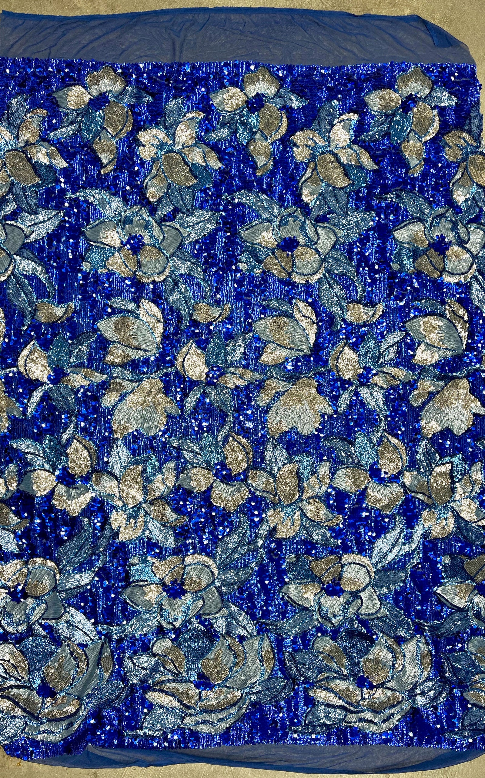 Natasha ROYAL TURQUOISE SILVER Full Overlapping Sequins on Royal Blue Stretch Mesh Lace Fabric by the Yard