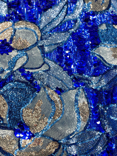 Natasha ROYAL TURQUOISE SILVER Full Overlapping Sequins on Royal Blue Stretch Mesh Lace Fabric by the Yard