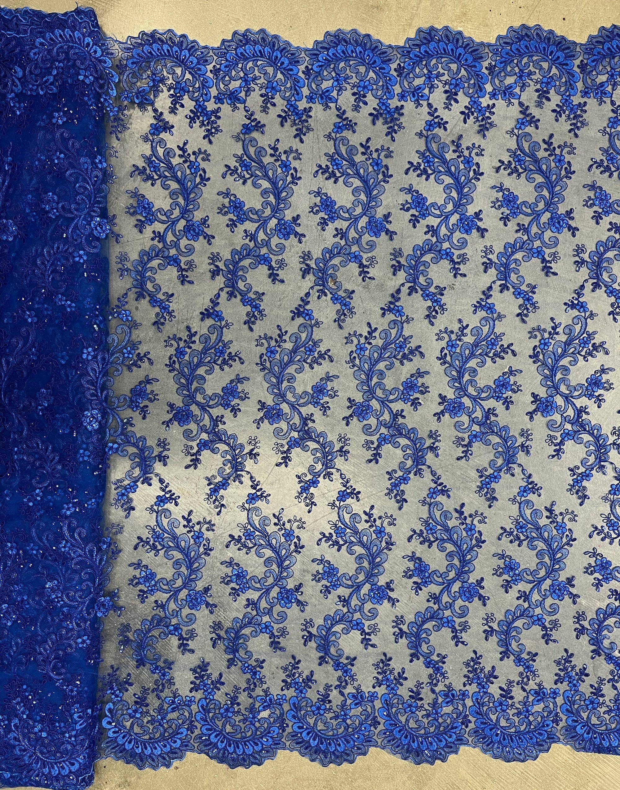 Melody ROYAL BLUE Polyester Floral Embroidery with Sequins on Mesh Lace Fabric by the Yard for Gown, Wedding, Bridesmaid, Prom - 10002