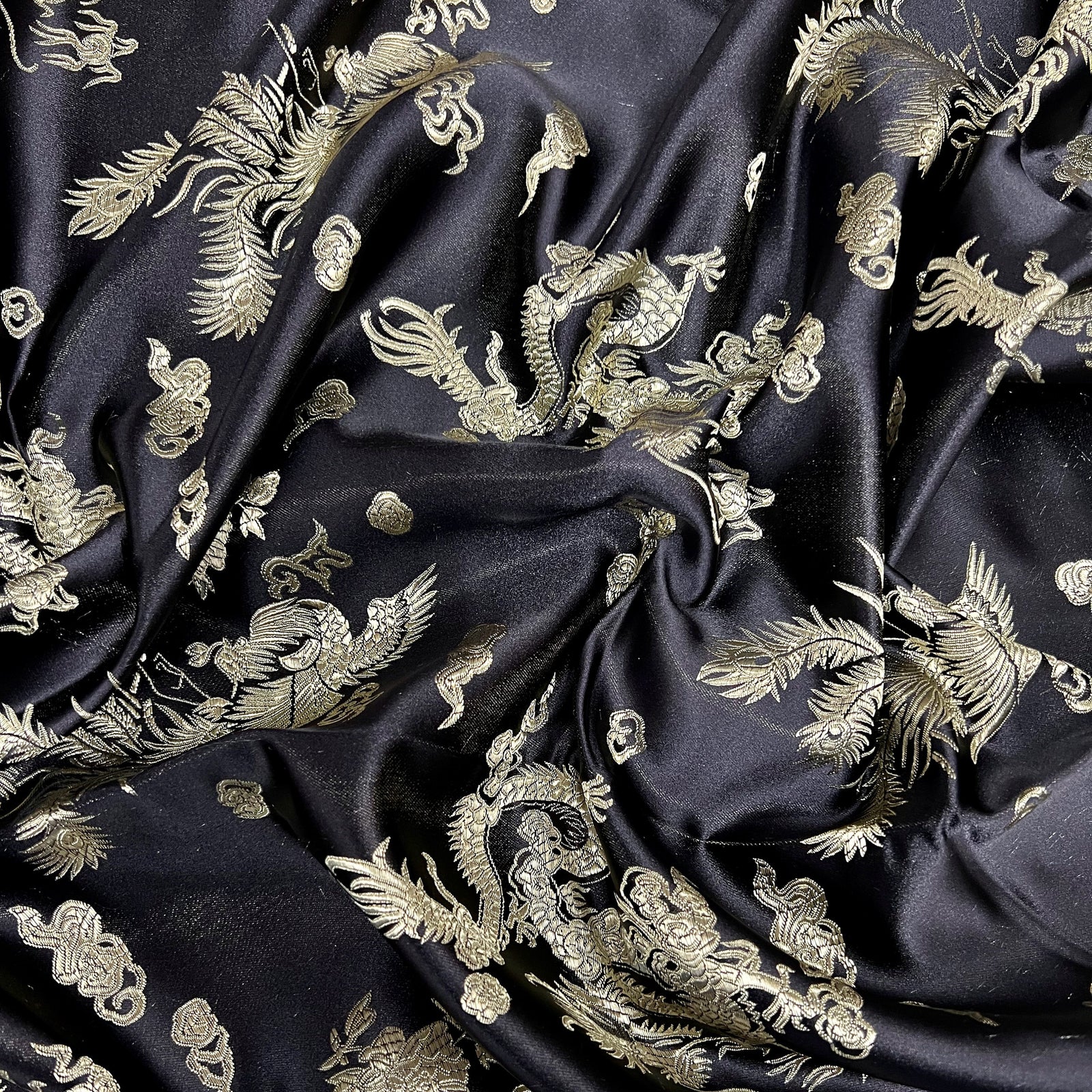 Arisa BLACK Dragon Brocade Chinese Satin Fabric for Cheongsam/Qipao, Apparel, Costumes, Upholstery, Bags, Crafts - 10237