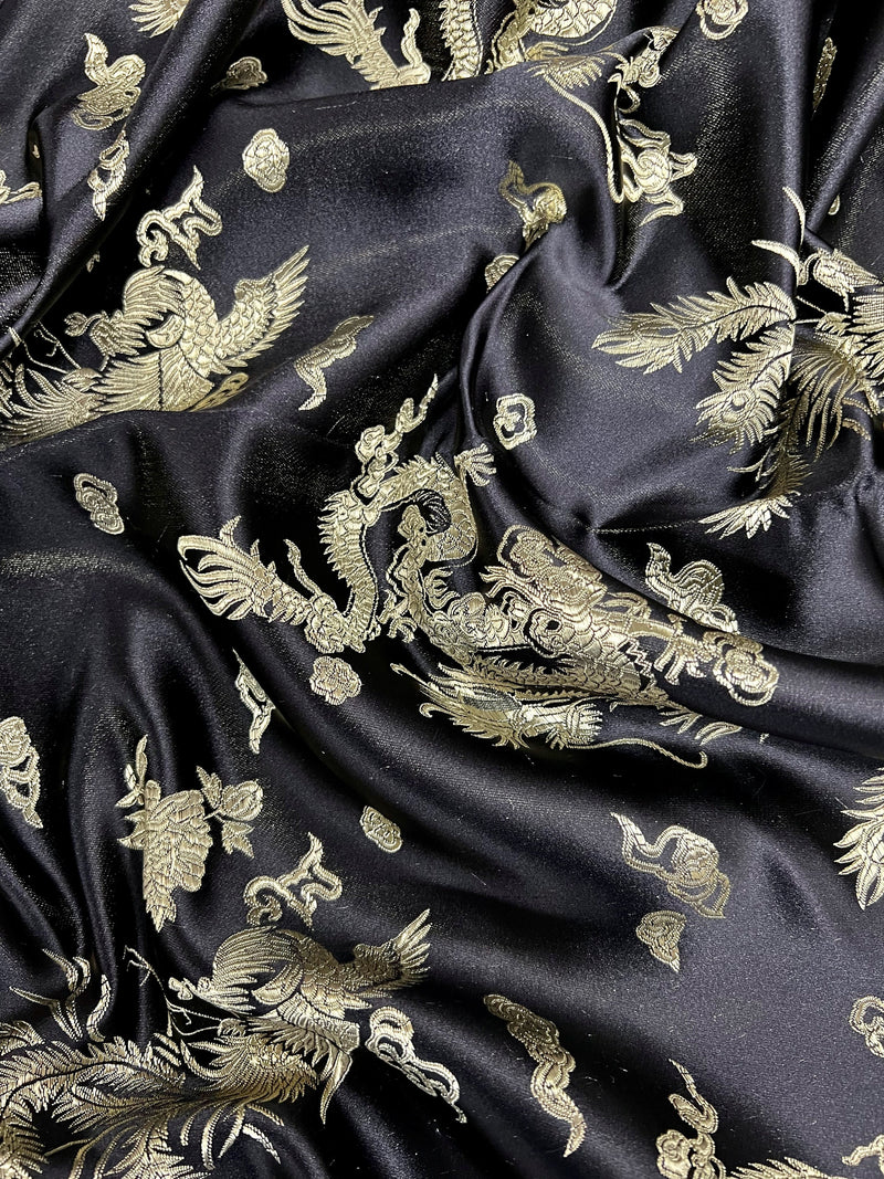 Arisa BLACK Dragon Brocade Chinese Satin Fabric for Cheongsam/Qipao, Apparel, Costumes, Upholstery, Bags, Crafts - 10237