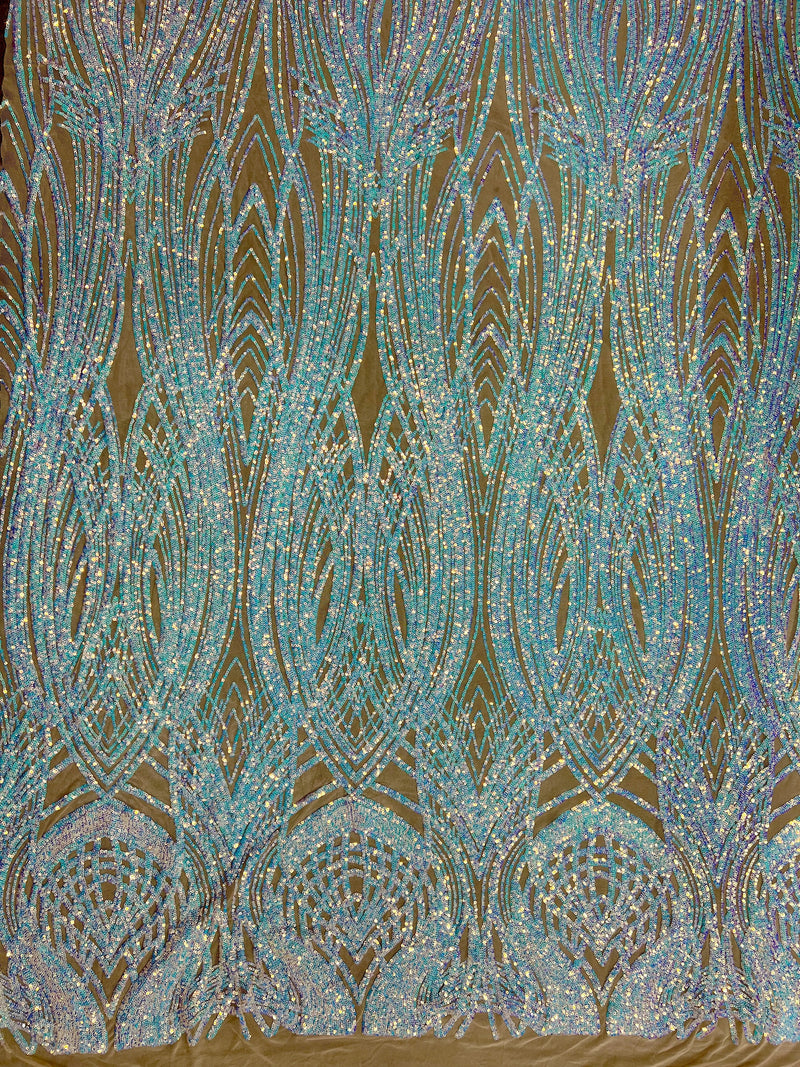 Athena Iridescent WHITE BLUE Sequins on Light NUDE Mesh Lace Fabric by the Yard