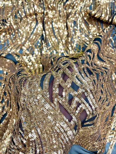 Athena GOLD Sequins on BLACK Mesh Lace Fabric by the Yard