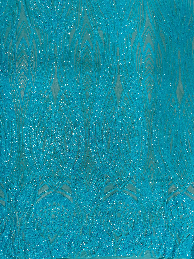 Athena AQUA Sequins on Mesh Lace Fabric by the Yard