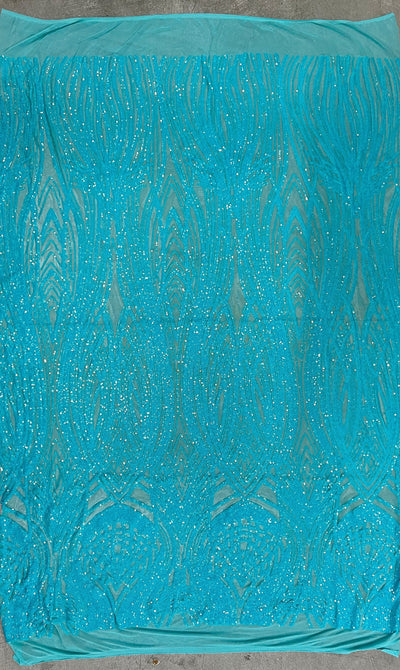 Athena AQUA Sequins on Mesh Lace Fabric by the Yard