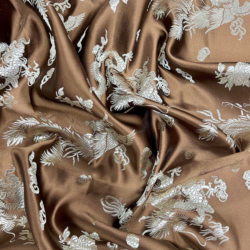 Arisa BROWN Gold Dragon Brocade Chinese Satin Fabric for Cheongsam/Qipao, Apparel, Costumes, Upholstery, Bags, Crafts - 10237