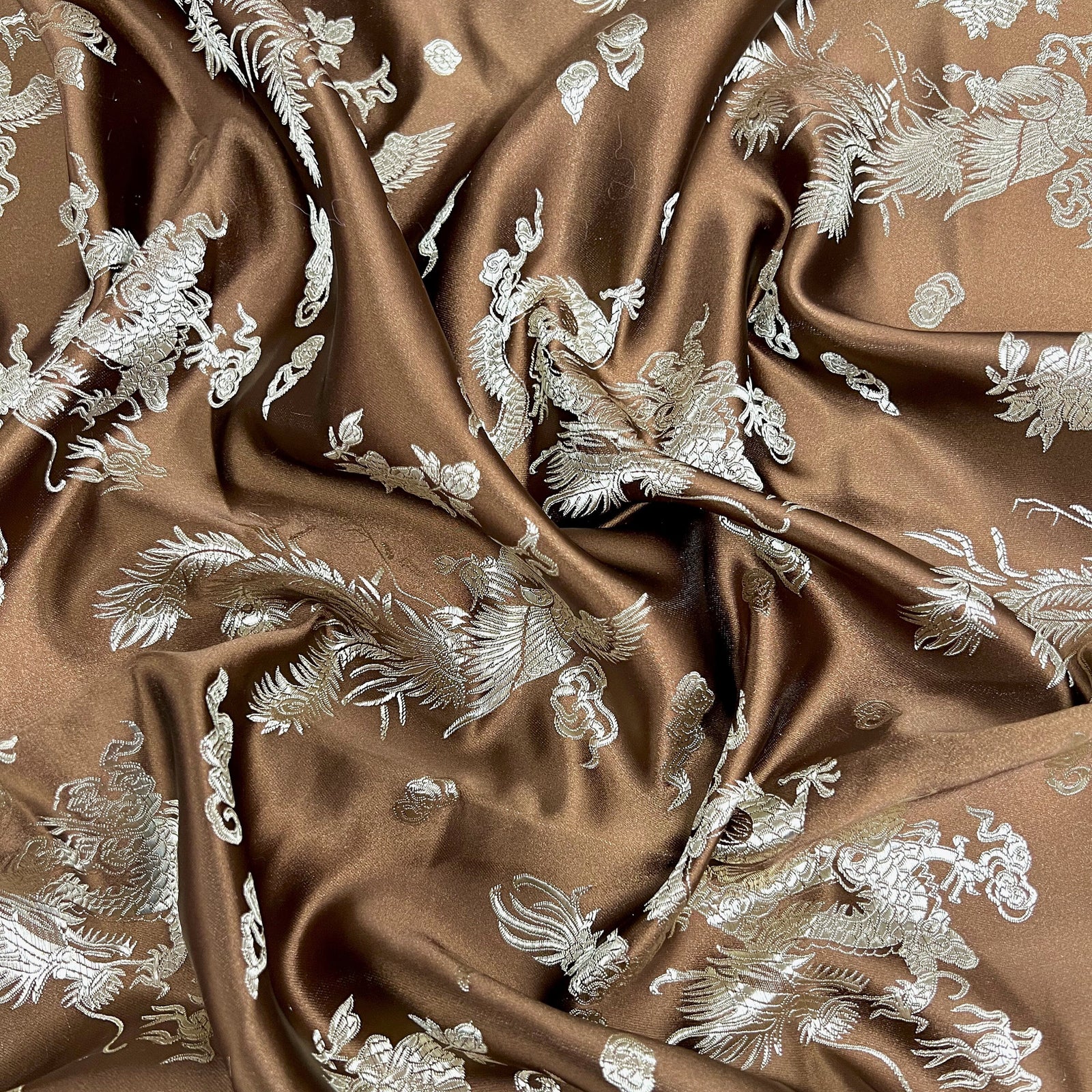 Arisa BROWN Gold Dragon Brocade Chinese Satin Fabric for Cheongsam/Qipao, Apparel, Costumes, Upholstery, Bags, Crafts - 10237