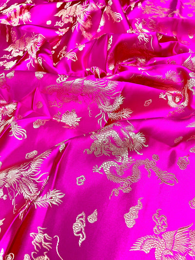 Arisa HOT PINK Dragon Brocade Chinese Satin Fabric for Cheongsam/Qipao, Apparel, Costumes, Upholstery, Bags, Crafts - 10237