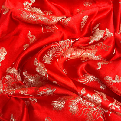 Arisa RED Dragon Brocade Chinese Satin Fabric for Cheongsam/Qipao, Apparel, Costumes, Upholstery, Bags, Crafts - 10237